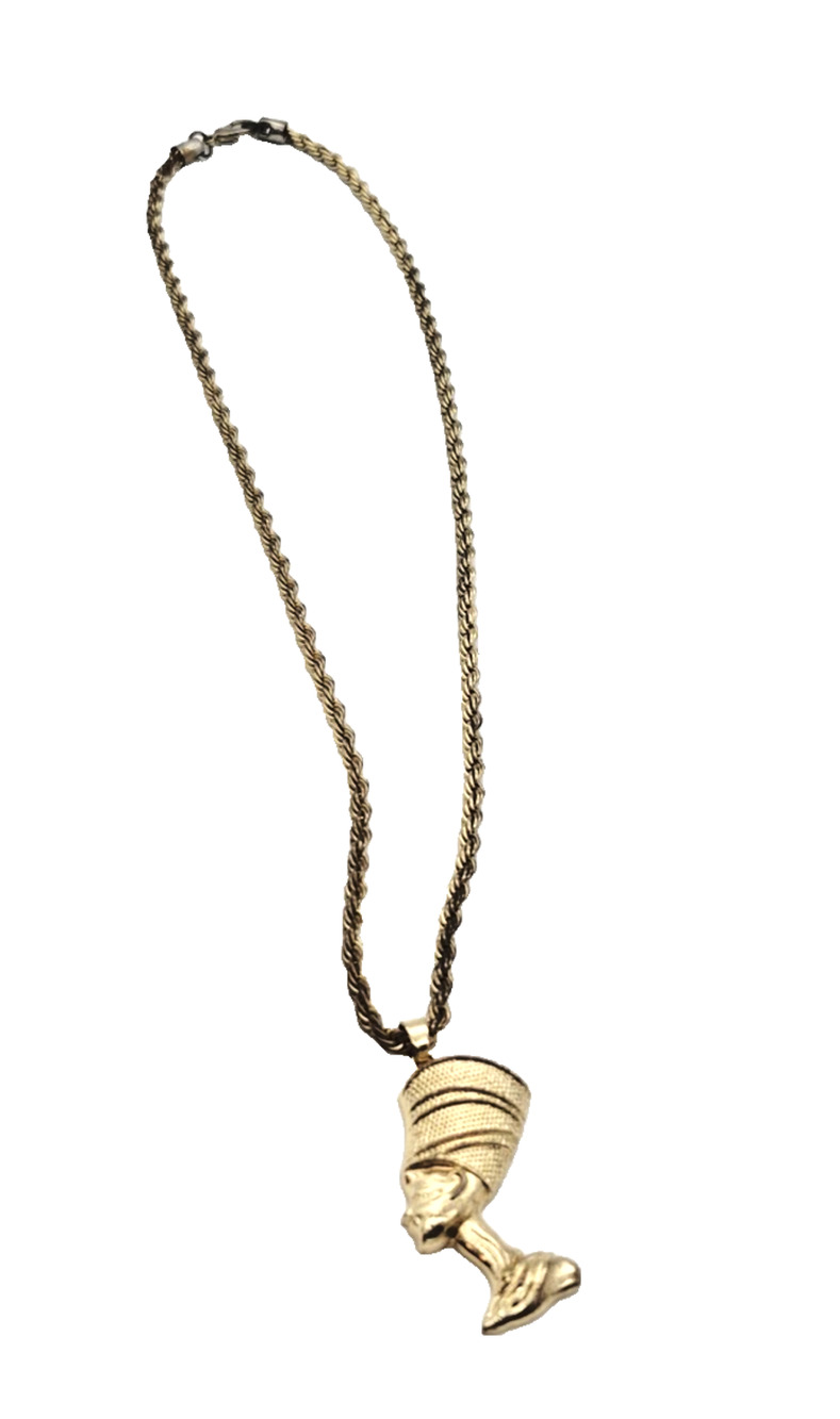Nefertiti Pendant Necklace Gold Tone Rope Chain Egyptian Queen Statement Jewelry